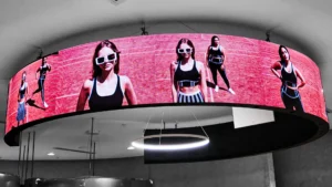 Circular hanging LED display installed at AJE Athletica retail store