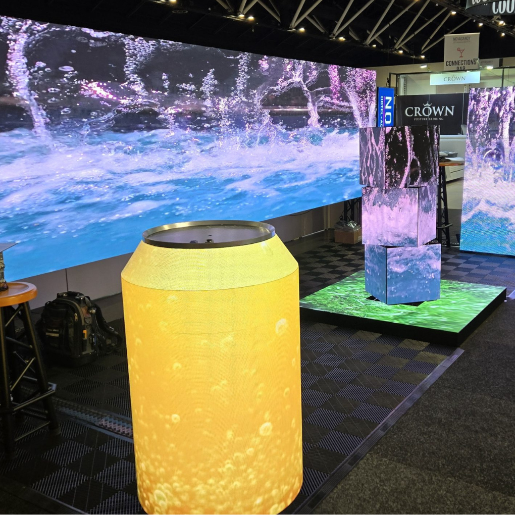 Custom LED beer can display screen showcasing bright visuals for brand promotion